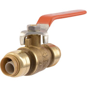 Brass push ball valve with orange lever handle and push-fit connection ports on white background.