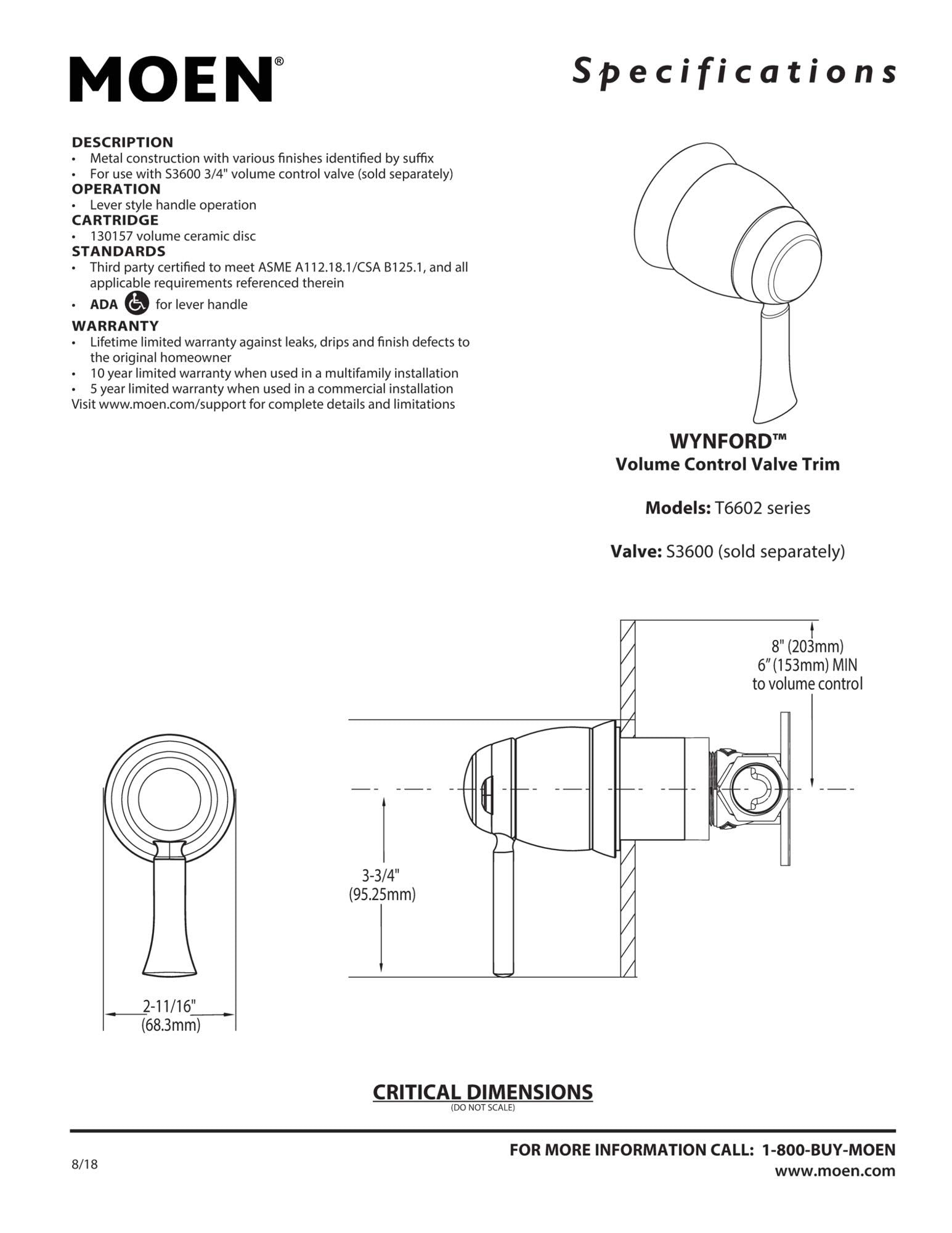 Brushed nickel round valve trim with lever handle and circular escutcheon plate for volume control.