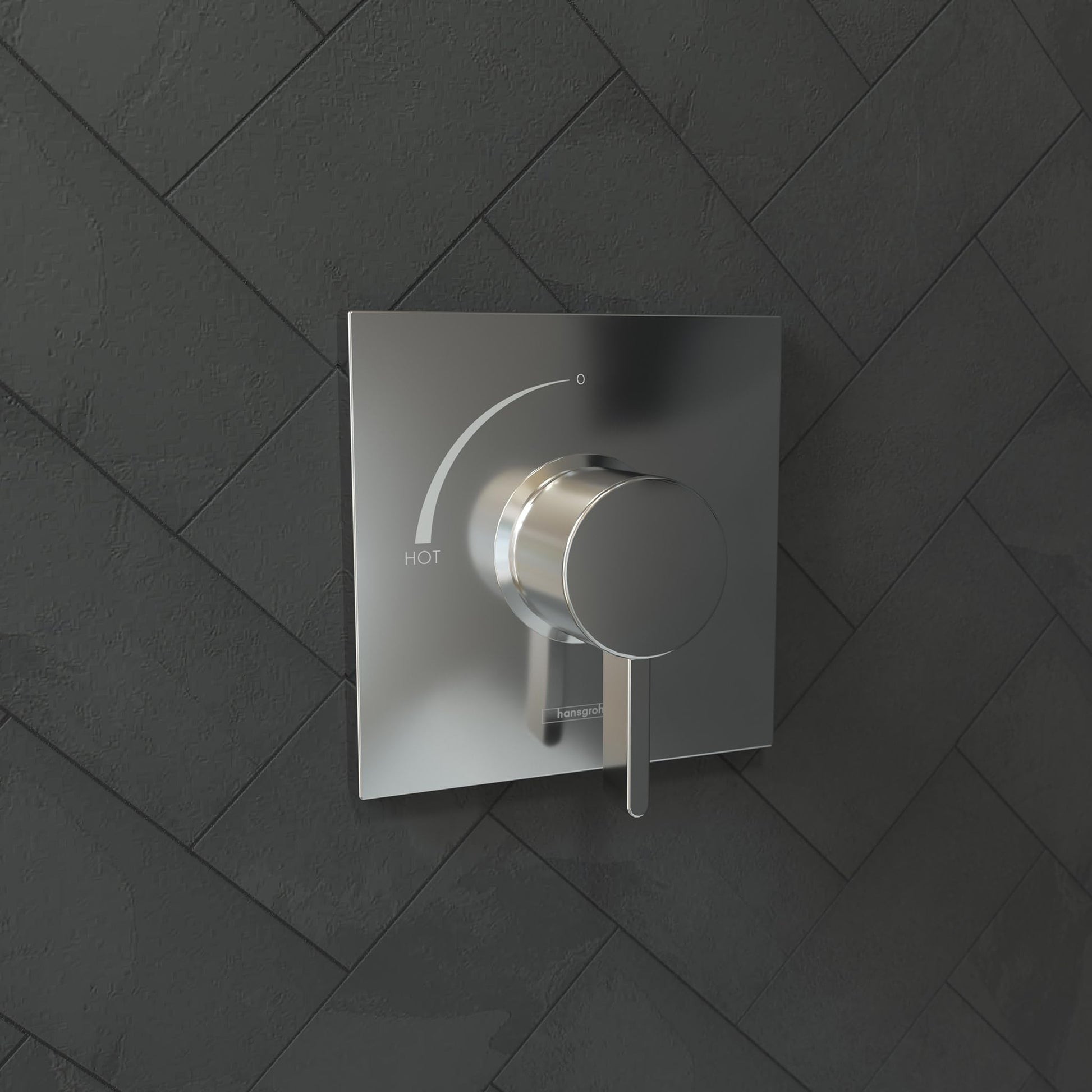 Chrome shower valve trim with square escutcheon plate, round handle, and temperature control marked with hot indicator.