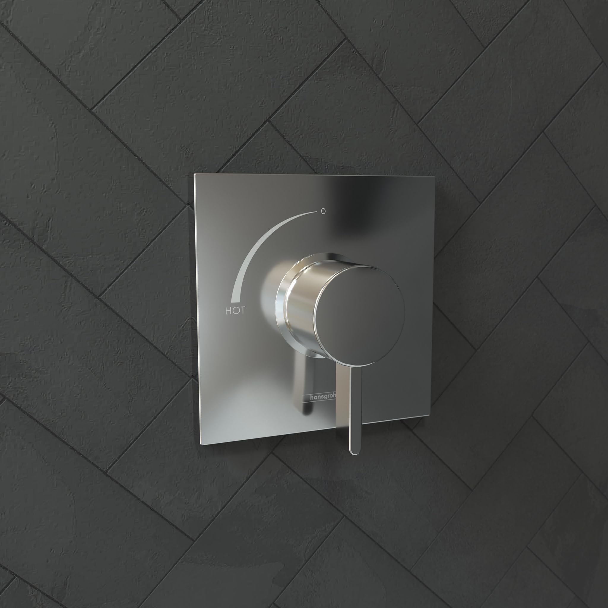 Chrome shower valve trim with square escutcheon plate, round handle, and temperature control marked with hot indicator.