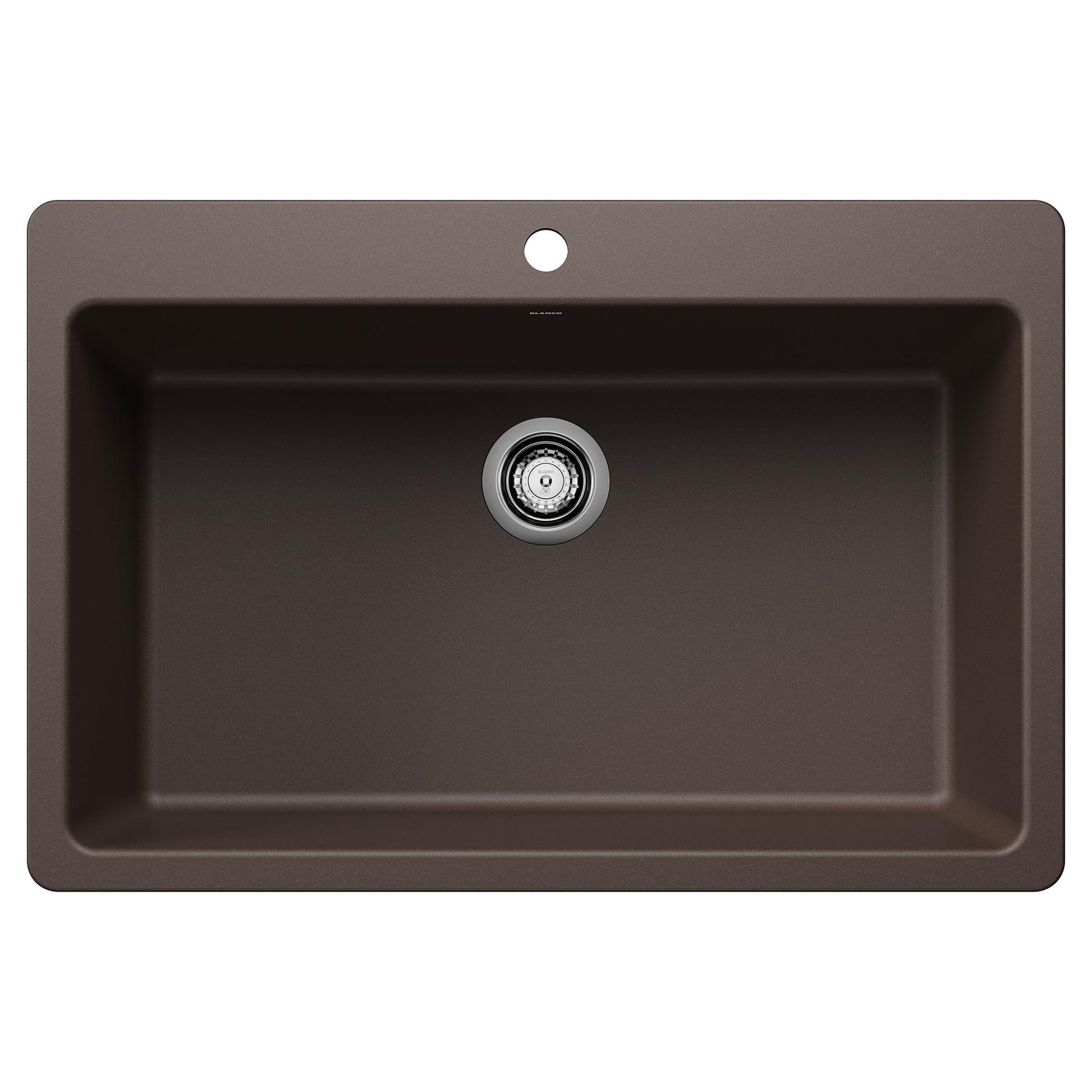 Cafe-colored single bowl kitchen sink with chrome drain fixture and single faucet hole.