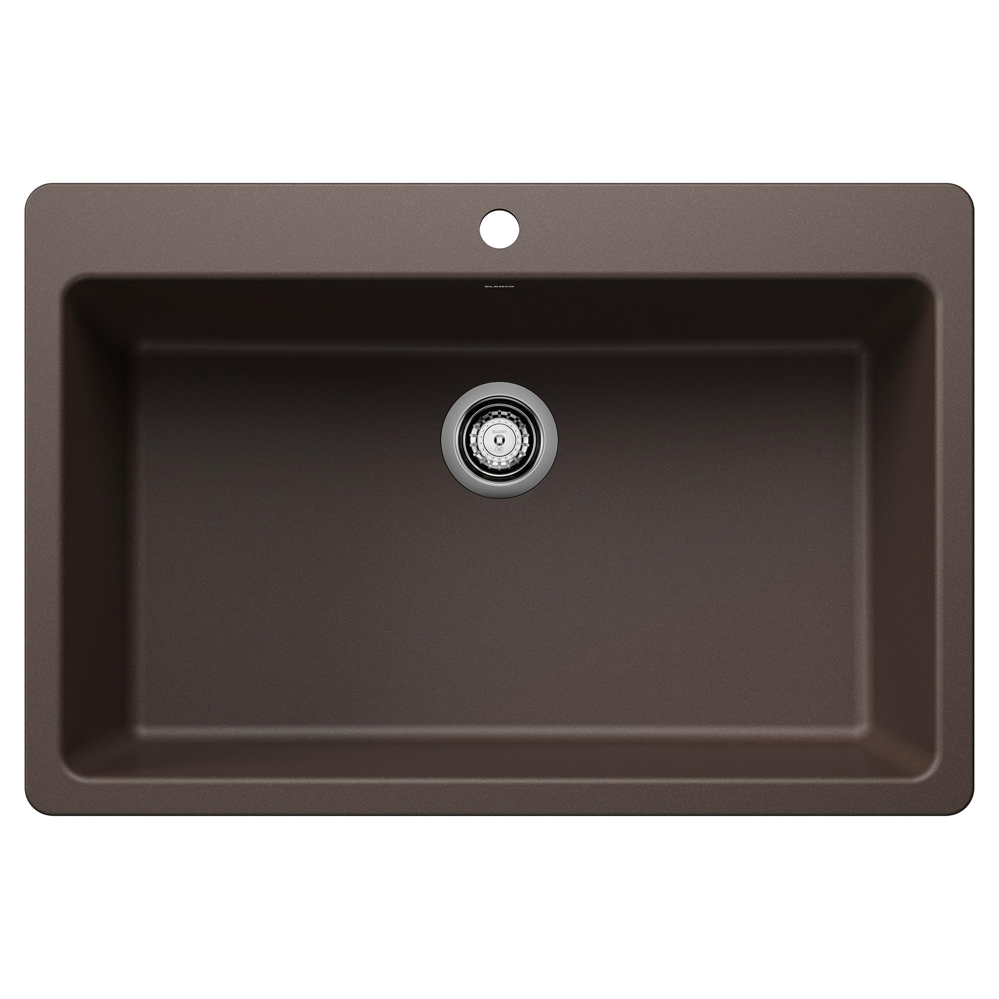 Cafe-colored single bowl kitchen sink with chrome drain fixture and single faucet hole.