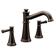 Oil rubbed bronze two-handle roman tub faucet with curved spout and cylindrical handles.