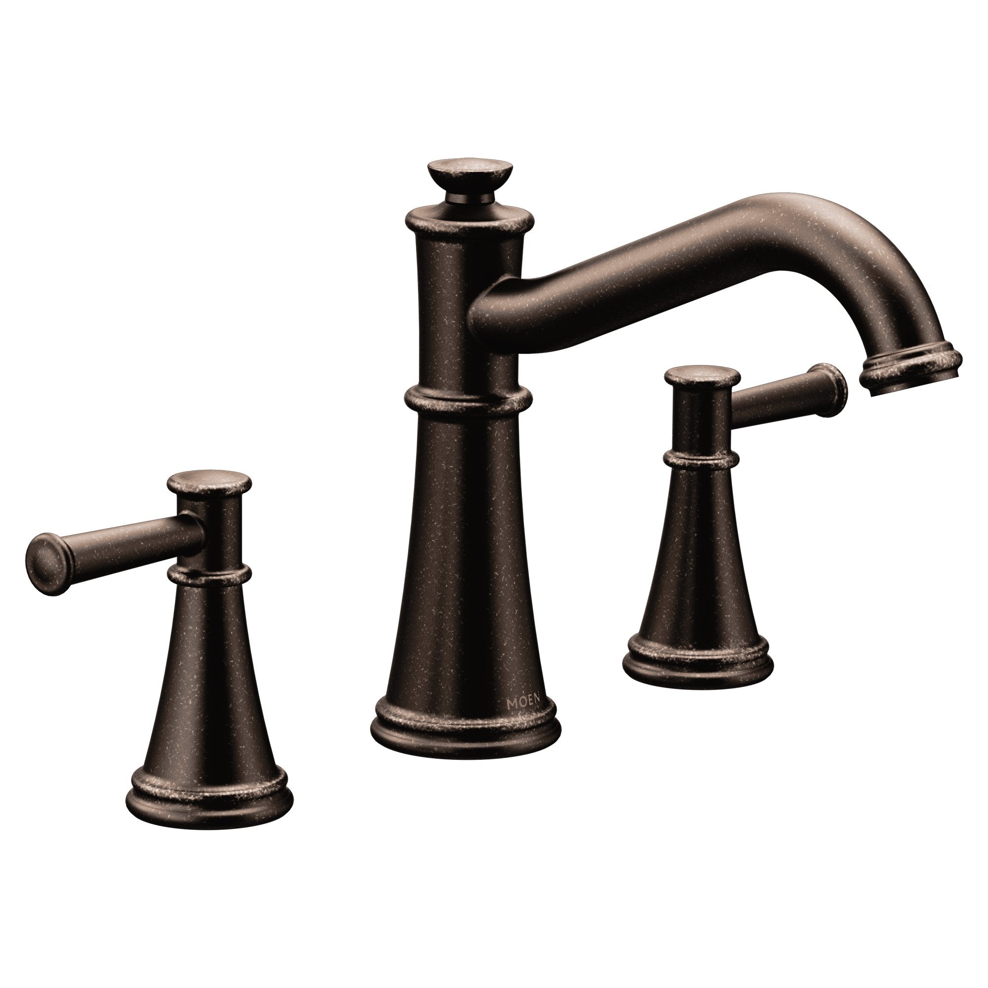 Oil rubbed bronze two-handle roman tub faucet with curved spout and cylindrical handles.