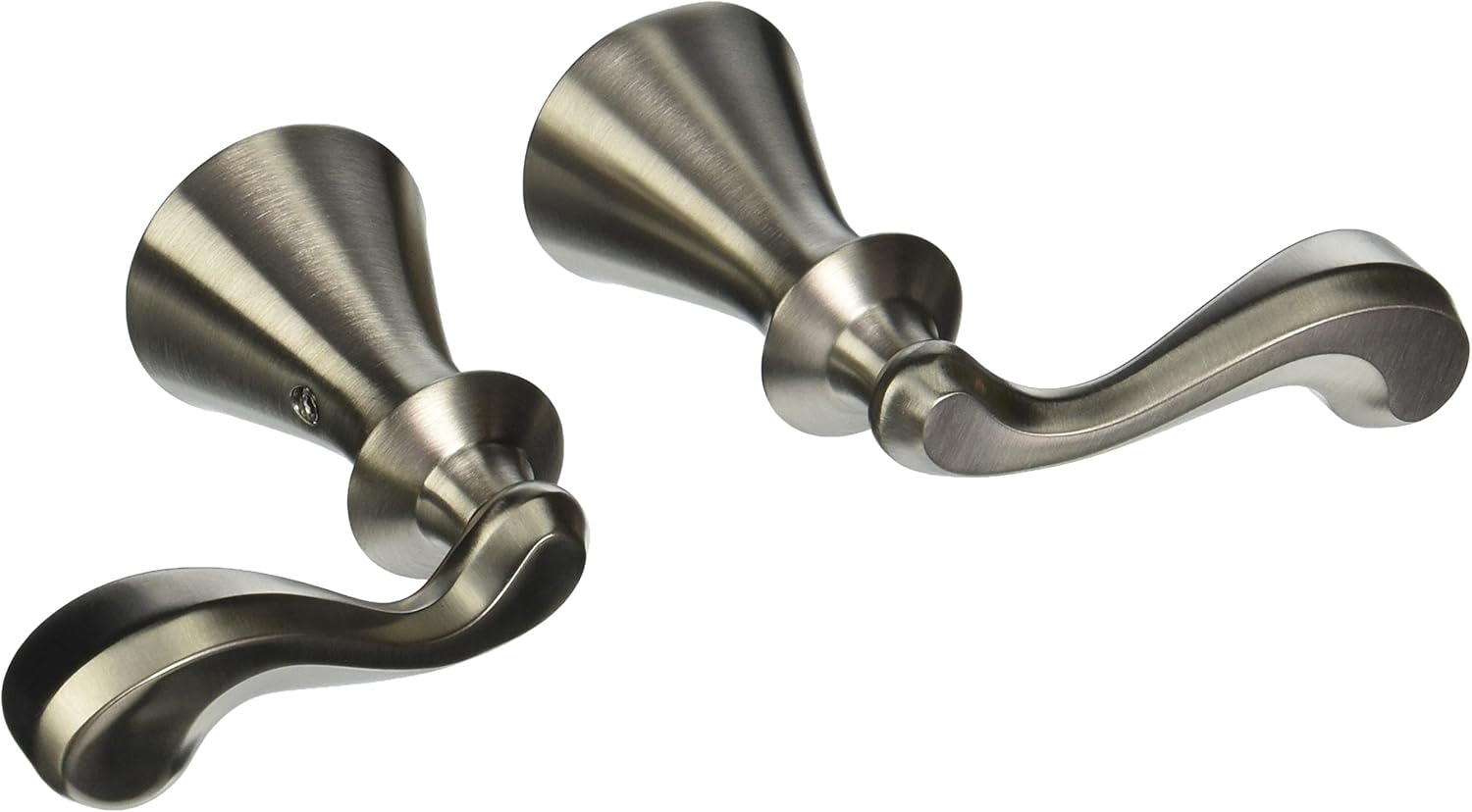 Pair of brushed stainless steel lever handles with cone-shaped rosettes and curved grips.