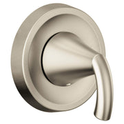 Brushed nickel single-handle valve trim with curved lever handle and circular escutcheon plate.