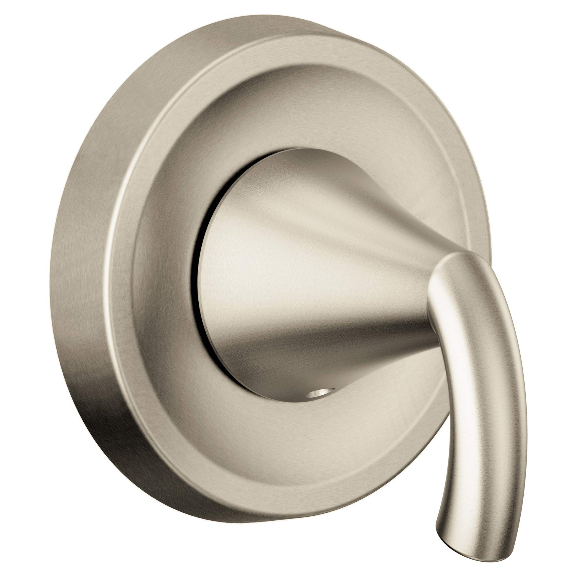 Brushed nickel single-handle valve trim with curved lever handle and circular escutcheon plate.