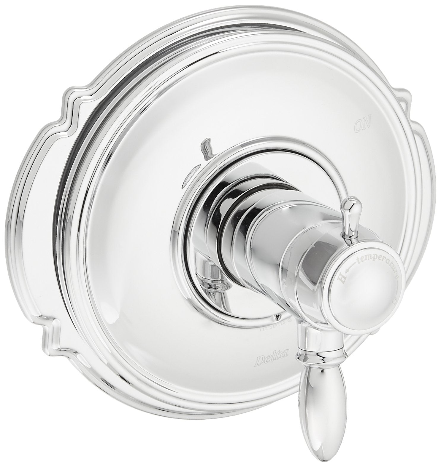 Chrome shower valve trim kit with round escutcheon plate and single lever handle.