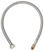 Chrome connection hose with braided stainless steel mesh and threaded metal fittings on both ends.