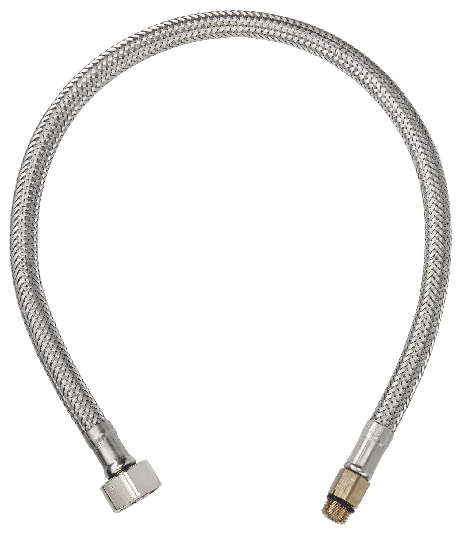 Chrome connection hose with braided stainless steel mesh and threaded metal fittings on both ends.