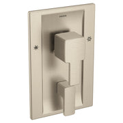 Brushed nickel Moen shower valve trim with square handle and 90-degree angle design mounted on rectangular wall plate.