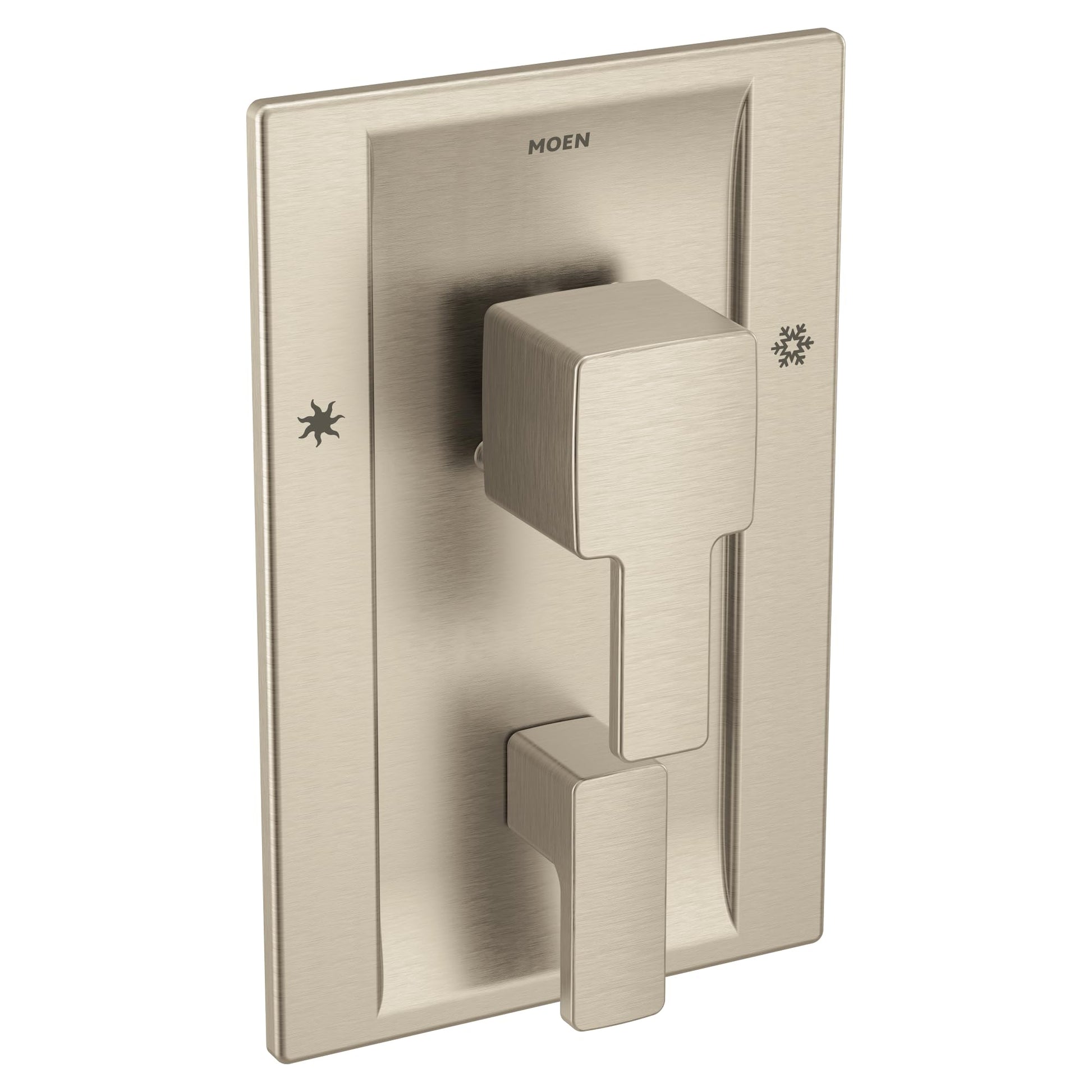 Brushed nickel Moen shower valve trim with square handle and 90-degree angle design mounted on rectangular wall plate.