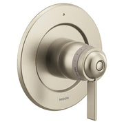 Brushed nickel thermostatic valve trim with round escutcheon plate and lever handle.
