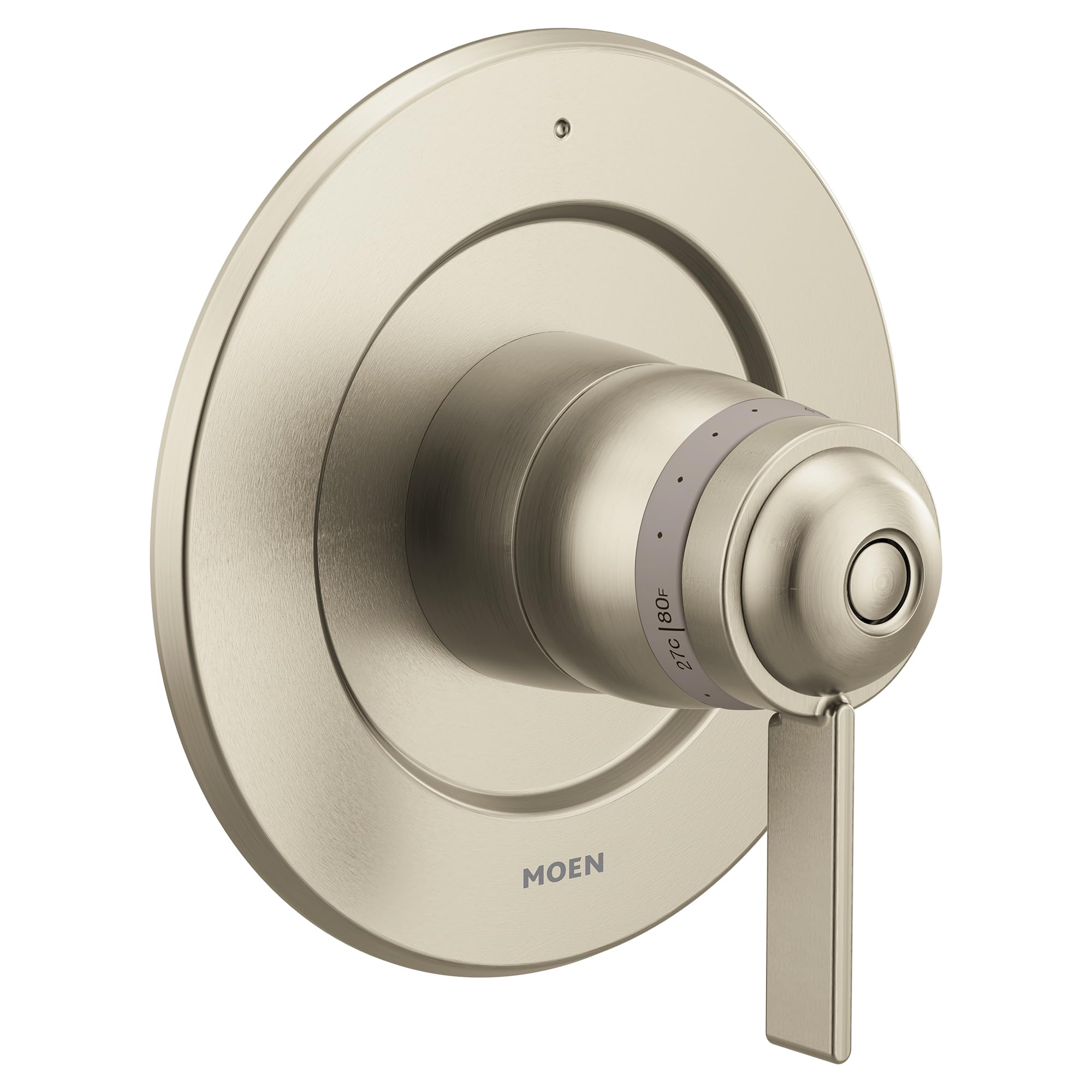 Brushed nickel thermostatic valve trim with round escutcheon plate and lever handle.