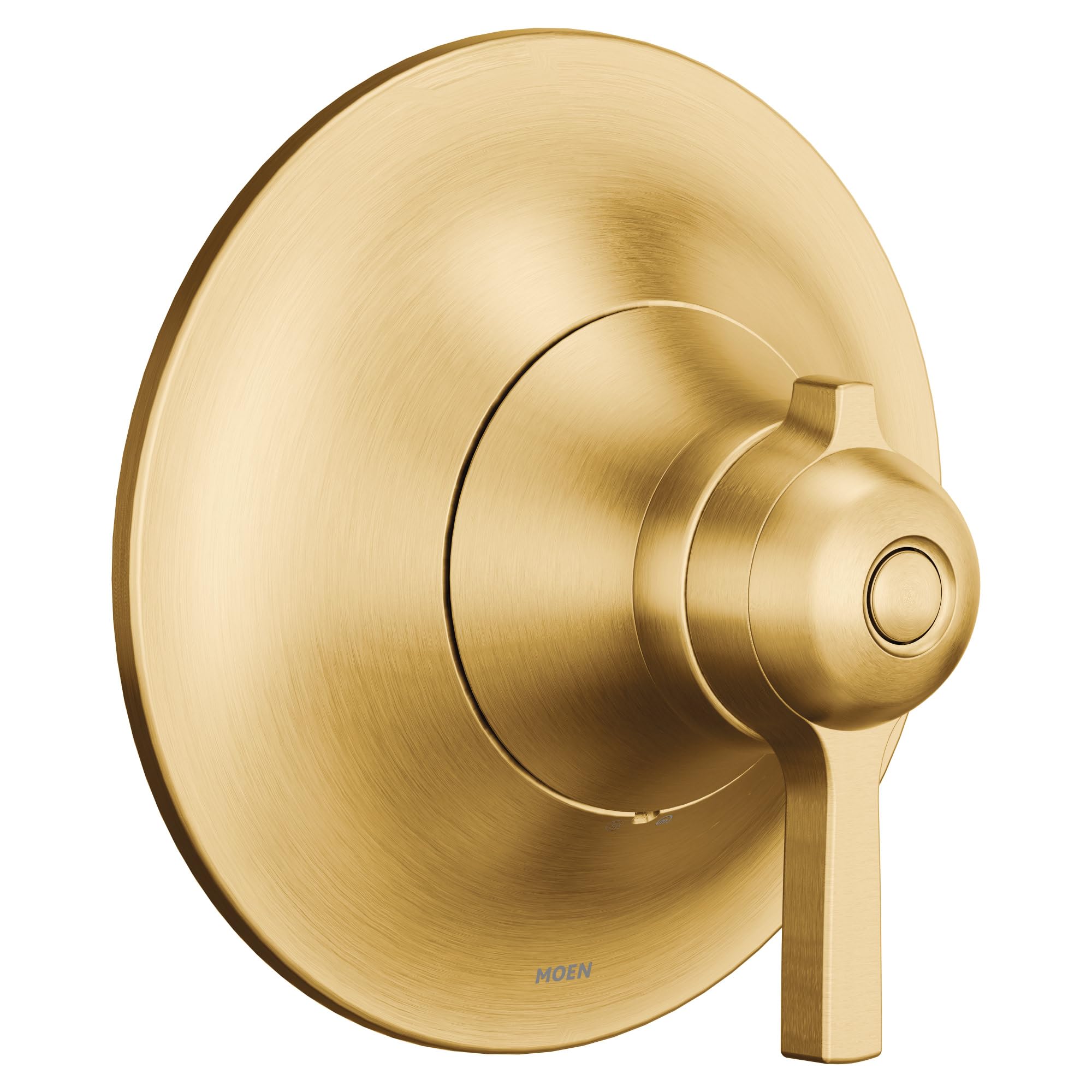 Brushed gold thermostatic shower valve trim with round escutcheon plate and lever handle.