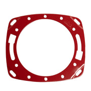 Red square toilet flange repair ring with circular mounting holes and rectangular cutouts around perimeter.