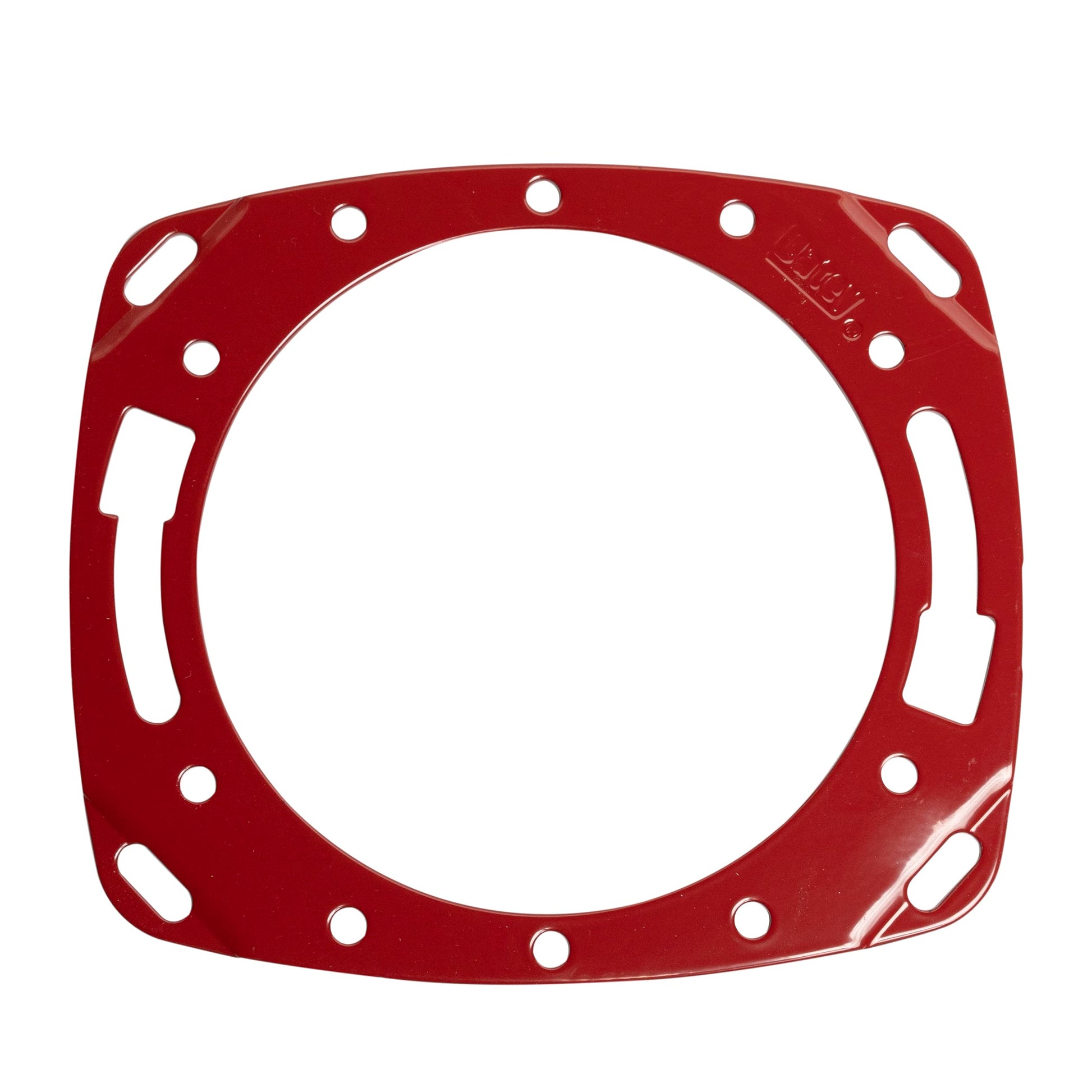 Red square toilet flange repair ring with circular mounting holes and rectangular cutouts around perimeter.
