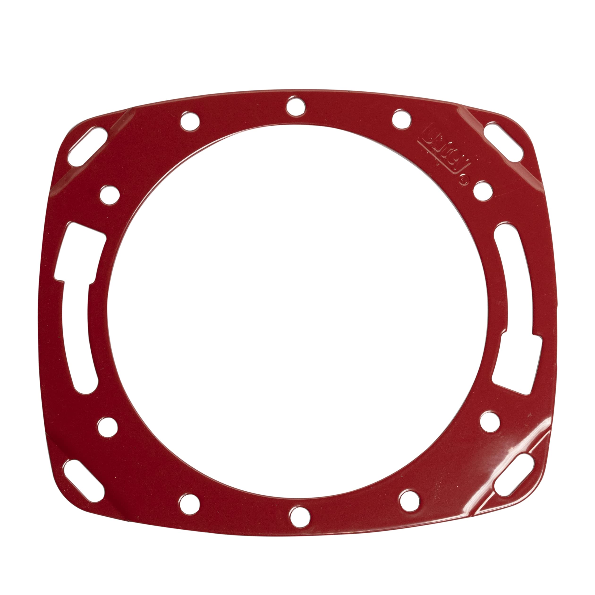 Red square toilet flange repair ring with circular mounting holes and rectangular cutouts around perimeter.