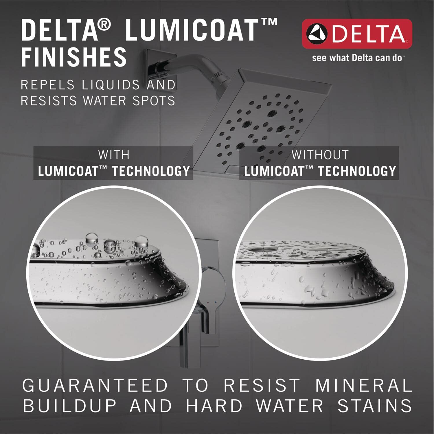 Delta Lumicoat chrome hand shower head with cleaning spray nozzles shown in comparison demonstrating water spot resistance.