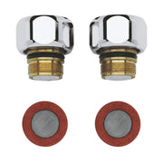 Grohe chrome non-return valve assembly with brass threaded base and red rubber seals with mesh screens.