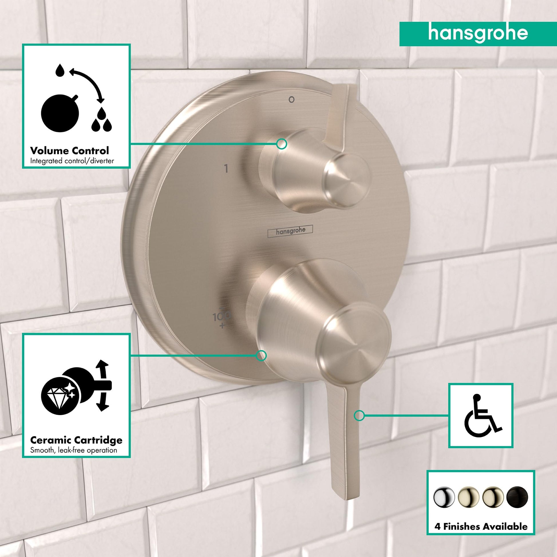 Round brushed nickel thermostatic shower trim with integrated volume control and diverter handle.