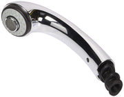 Chrome and black pull-out shower wand assembly with circular showerhead and perforated face.