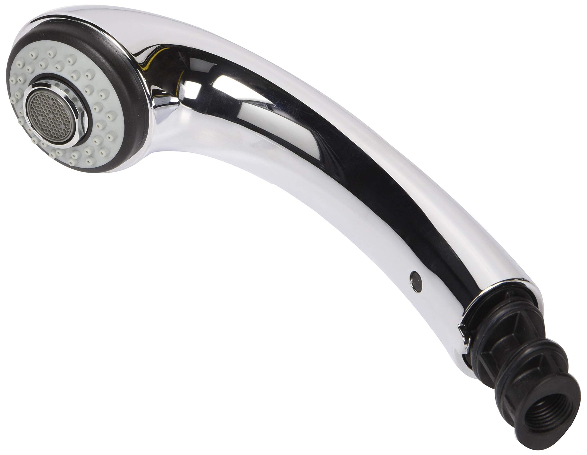 Chrome and black pull-out shower wand assembly with circular showerhead and perforated face.