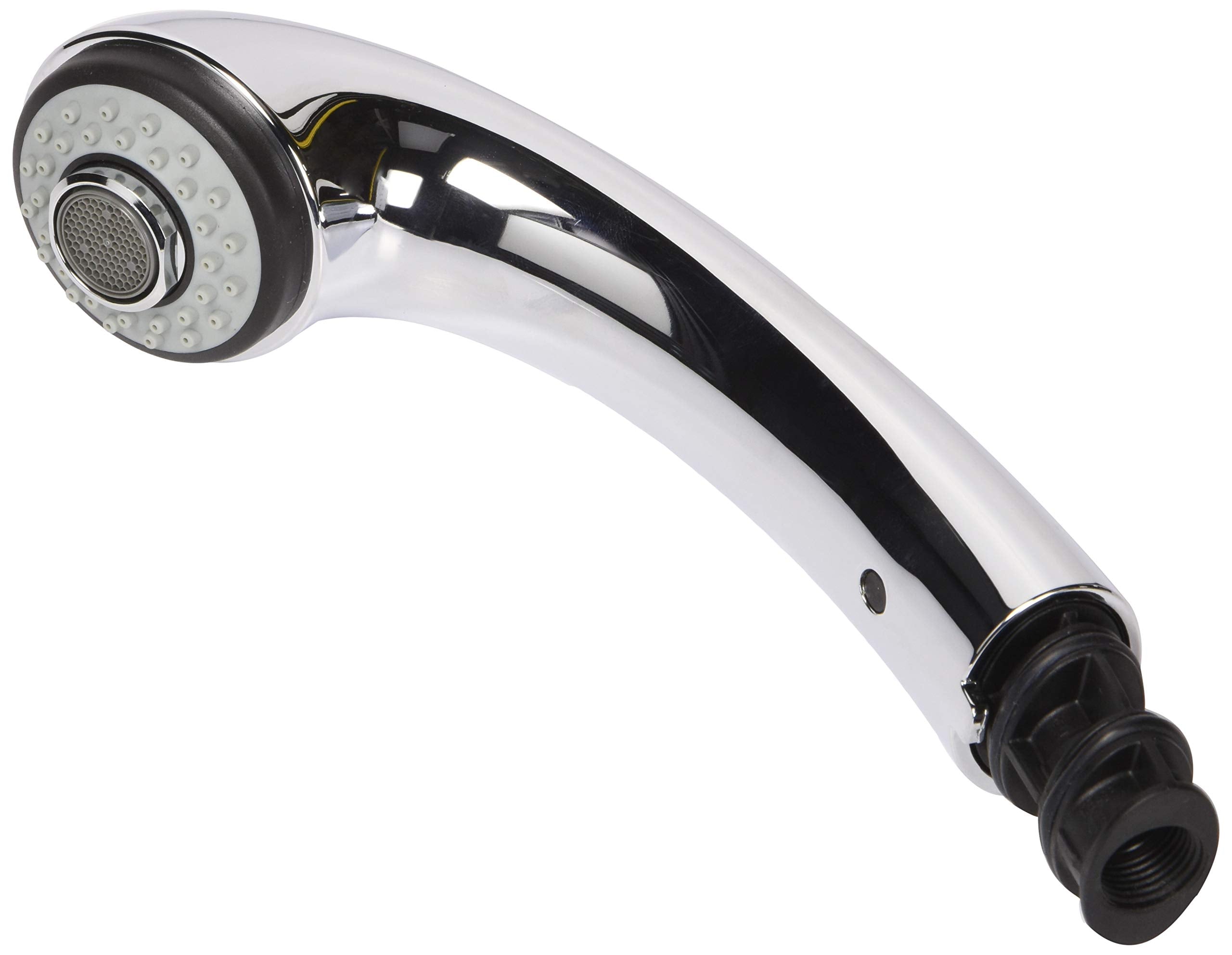 Chrome and black pull-out shower wand assembly with circular showerhead and perforated face.