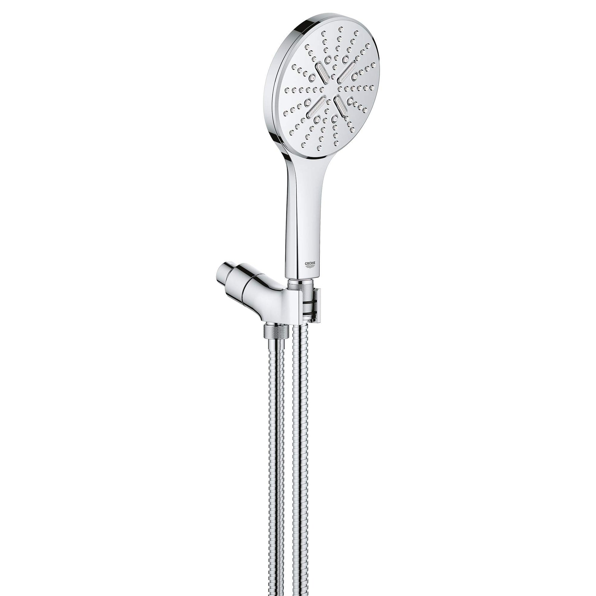Chrome hand shower with circular perforated head and adjustable bracket mounted on flexible hose.