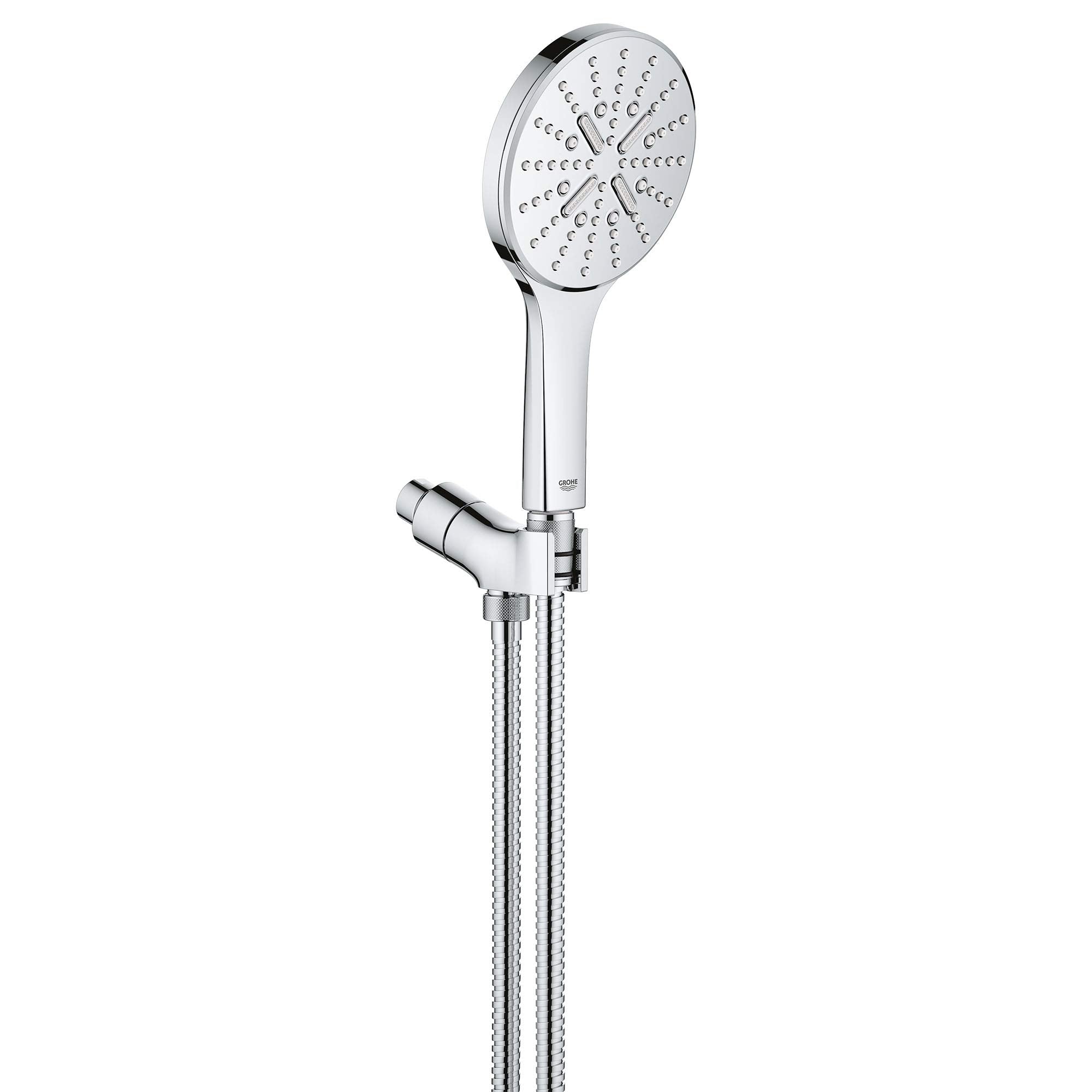 Chrome hand shower with circular perforated head and adjustable bracket mounted on flexible hose.