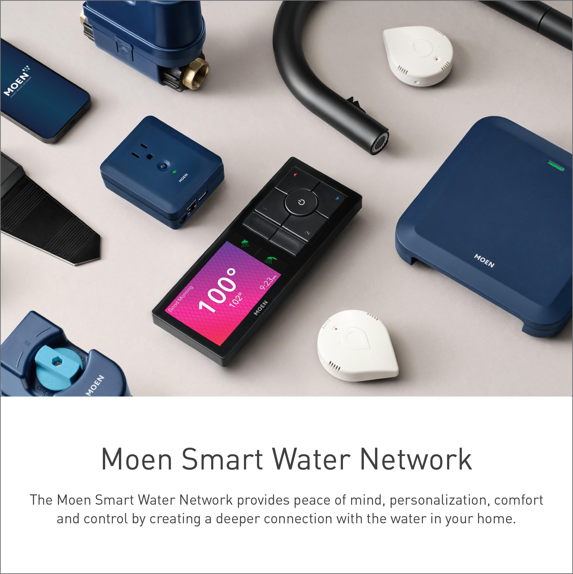 Moen smart water system components including blue monitor unit, black remote control with pink display screen, white sensors,