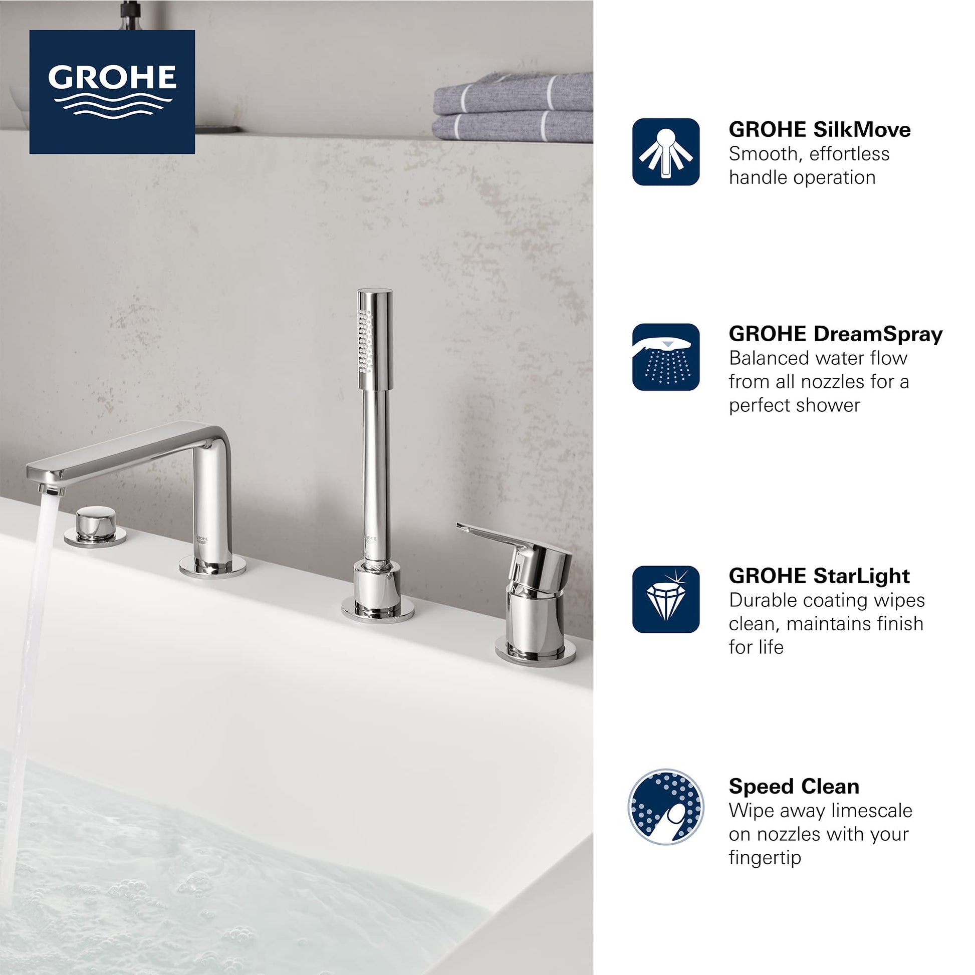 Polished chrome four-hole deck-mount roman tub faucet with tall center spout and hand shower on bathtub rim.