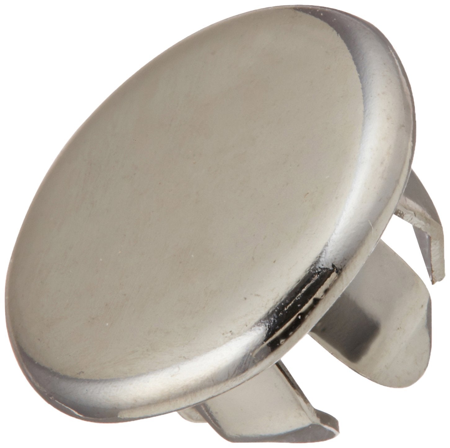 Chrome finish round plug button escutcheon with mounting tabs for two-handle bathroom faucet.