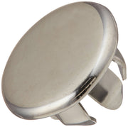 Chrome finish round plug button escutcheon with mounting tabs for two-handle bathroom faucet.