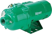 Green cast iron shallow well pump with inlet/outlet ports and motor housing mounted on black base.