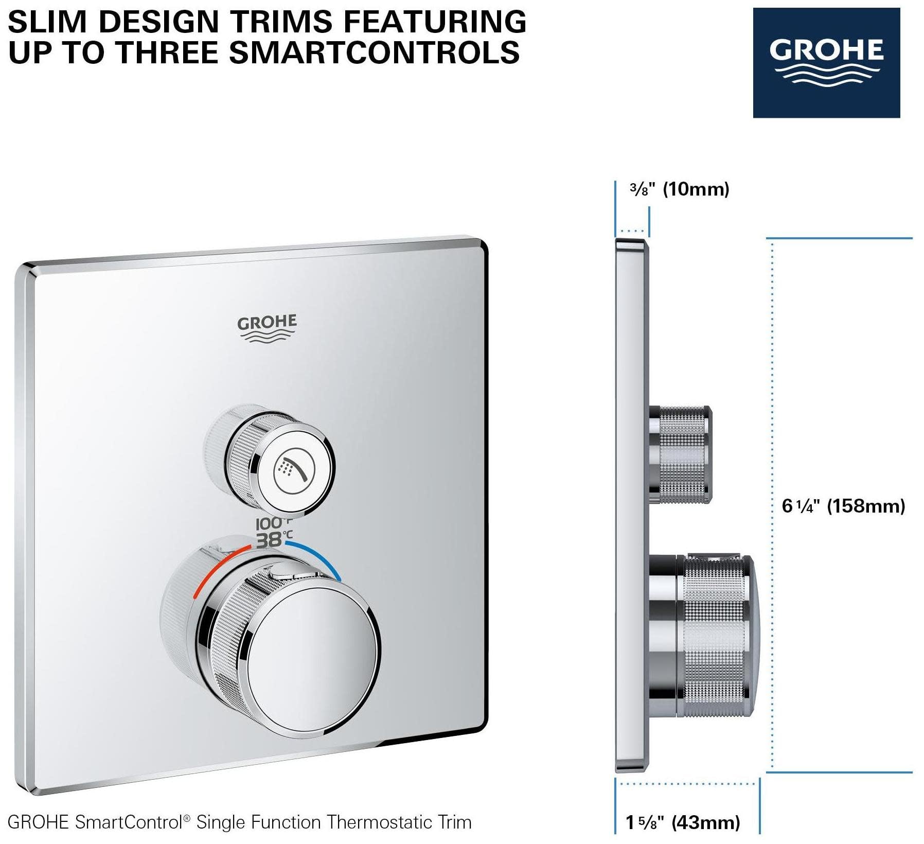 Grohe Grohtherm thermostatic valve trim with square chrome escutcheon, single dial control, and temperature indicator showing