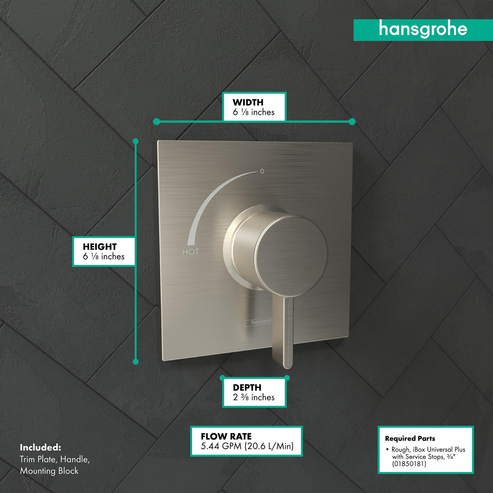 Brushed nickel square pressure balance trim with circular handle and trim plate mounted on gray tile wall.