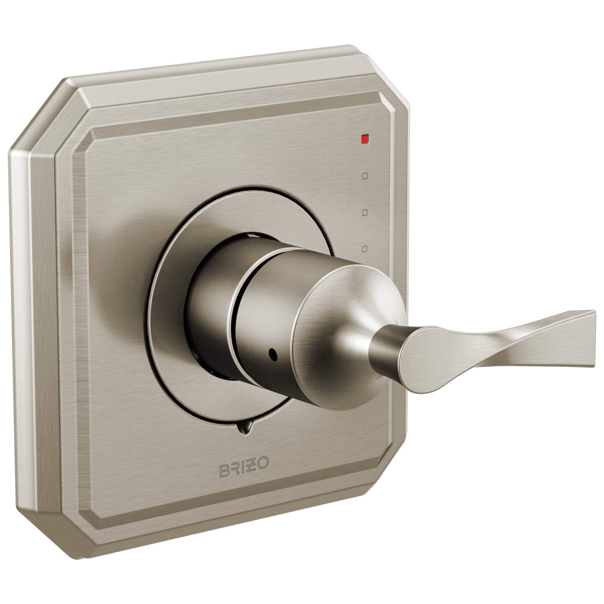 Brizo Virage brushed nickel pressure balance valve trim with lever handle and square escutcheon plate.