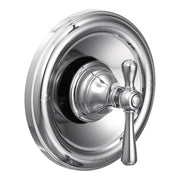 Chrome shower trim with single lever handle and round escutcheon plate for wall mounting.