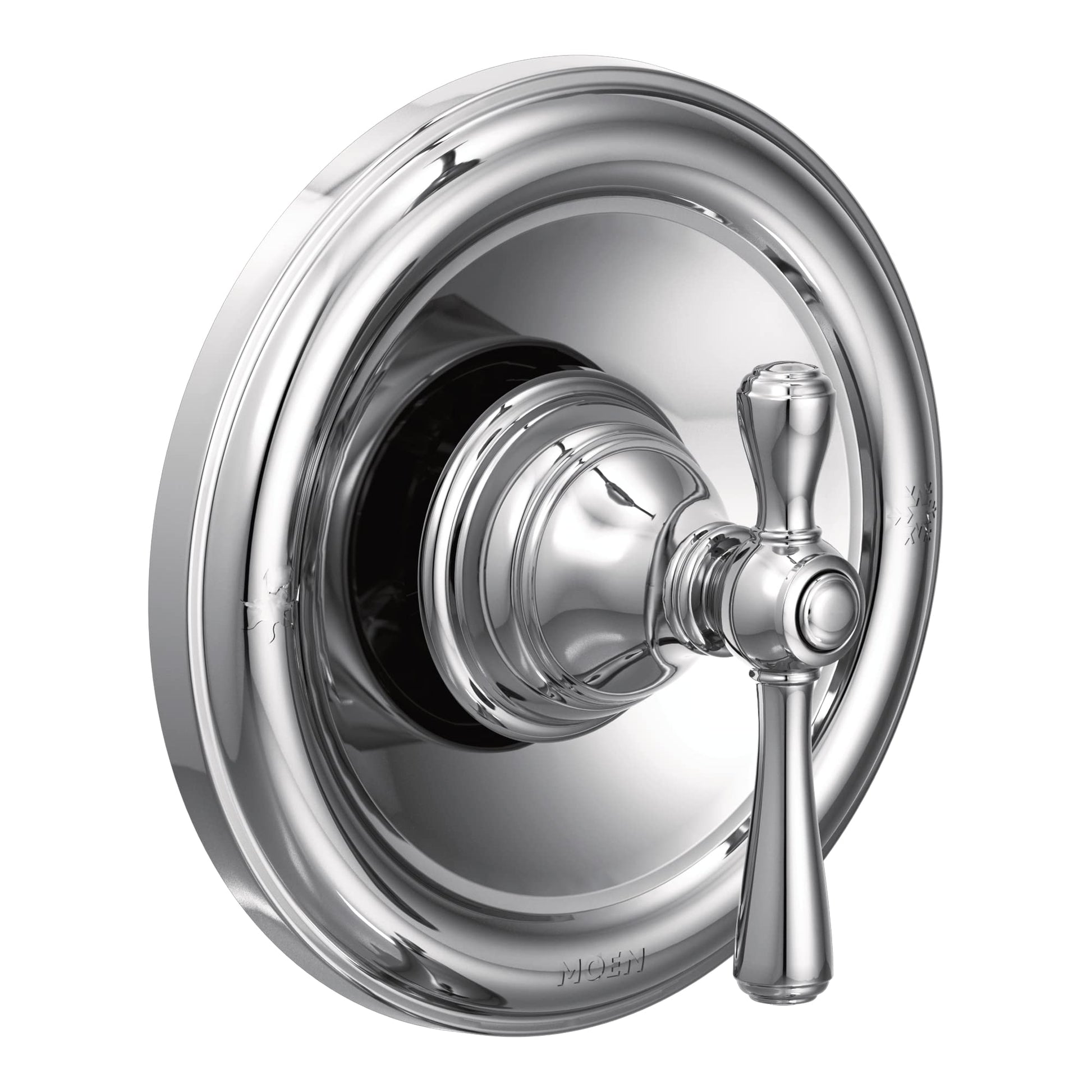 Chrome shower trim with single lever handle and round escutcheon plate for wall mounting.