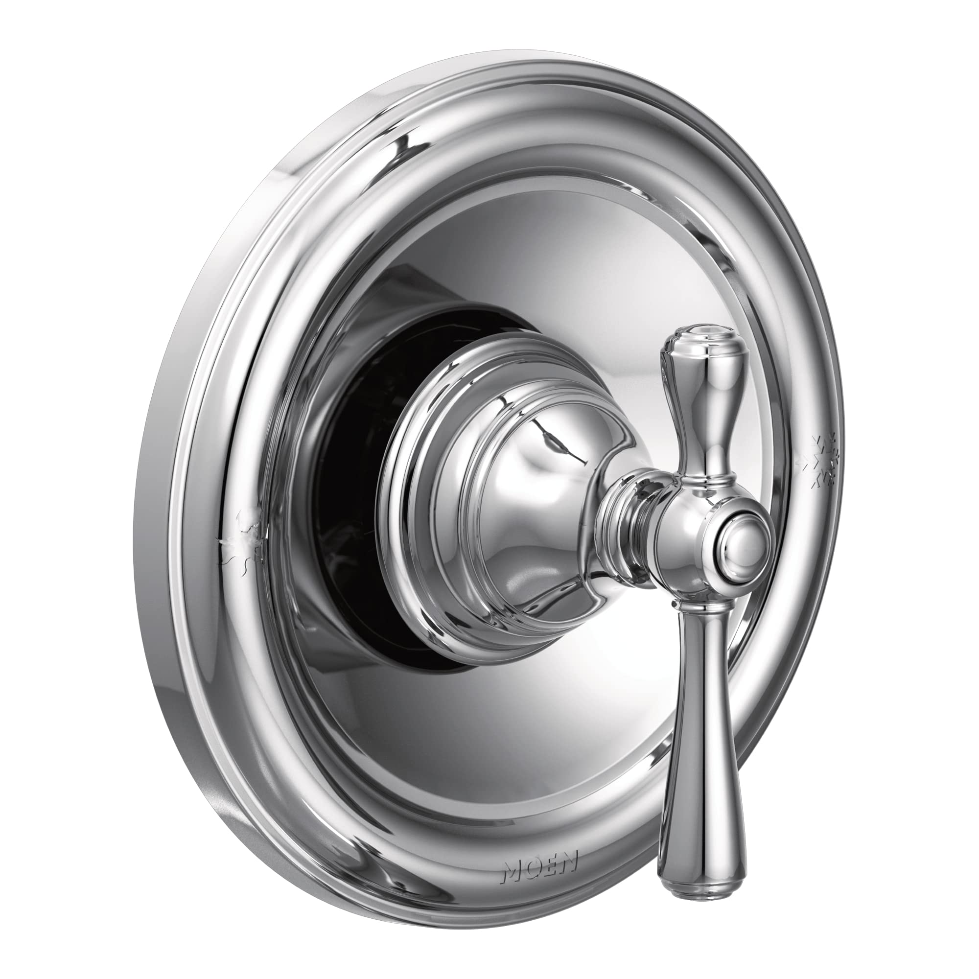 Chrome shower trim with single lever handle and round escutcheon plate for wall mounting.