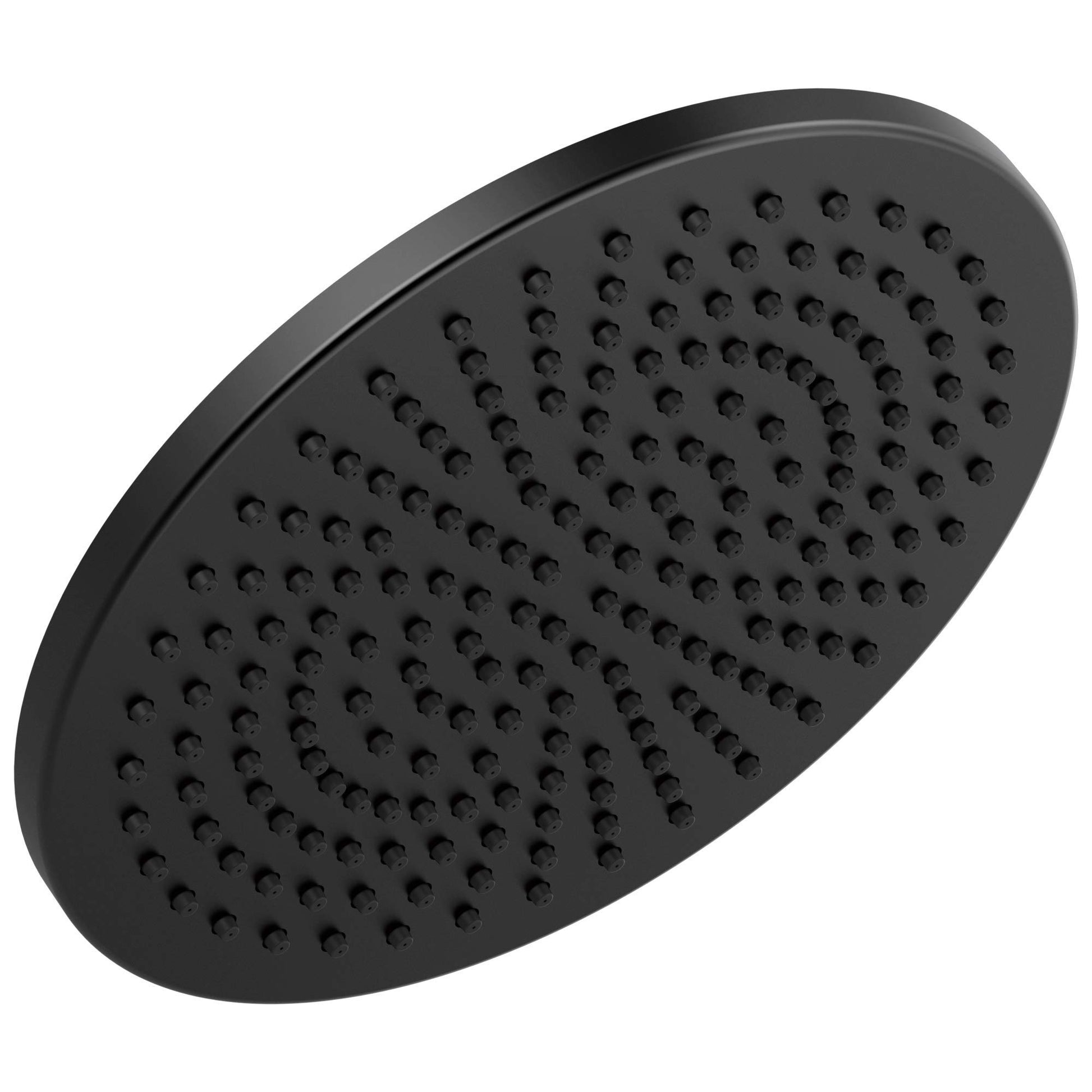 Round black metal raincan shower head with multiple spray holes arranged in rows across the face.