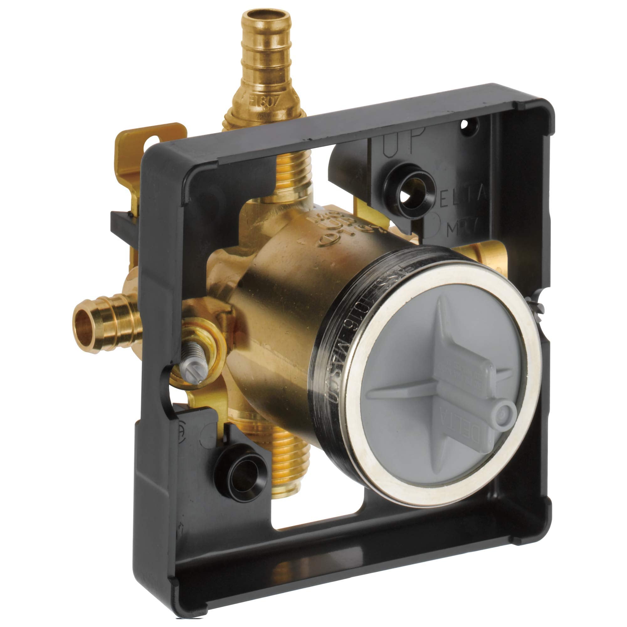 Brass pressure balance valve rough-in with black mounting bracket, inlet ports, and gray diverter cartridge visible through c