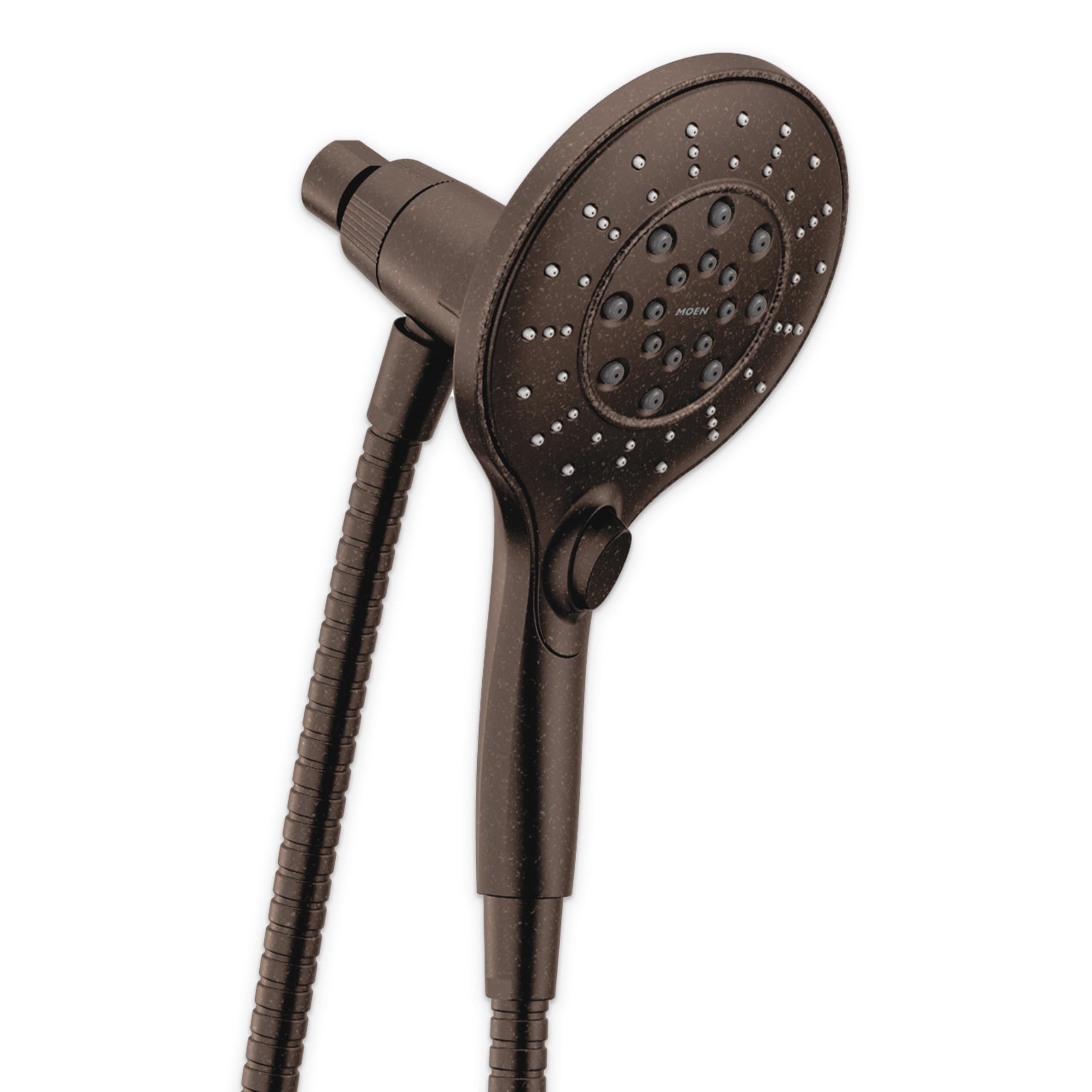 Oil rubbed bronze handheld shower head with circular spray face and textured grip handle attached to metal hose.