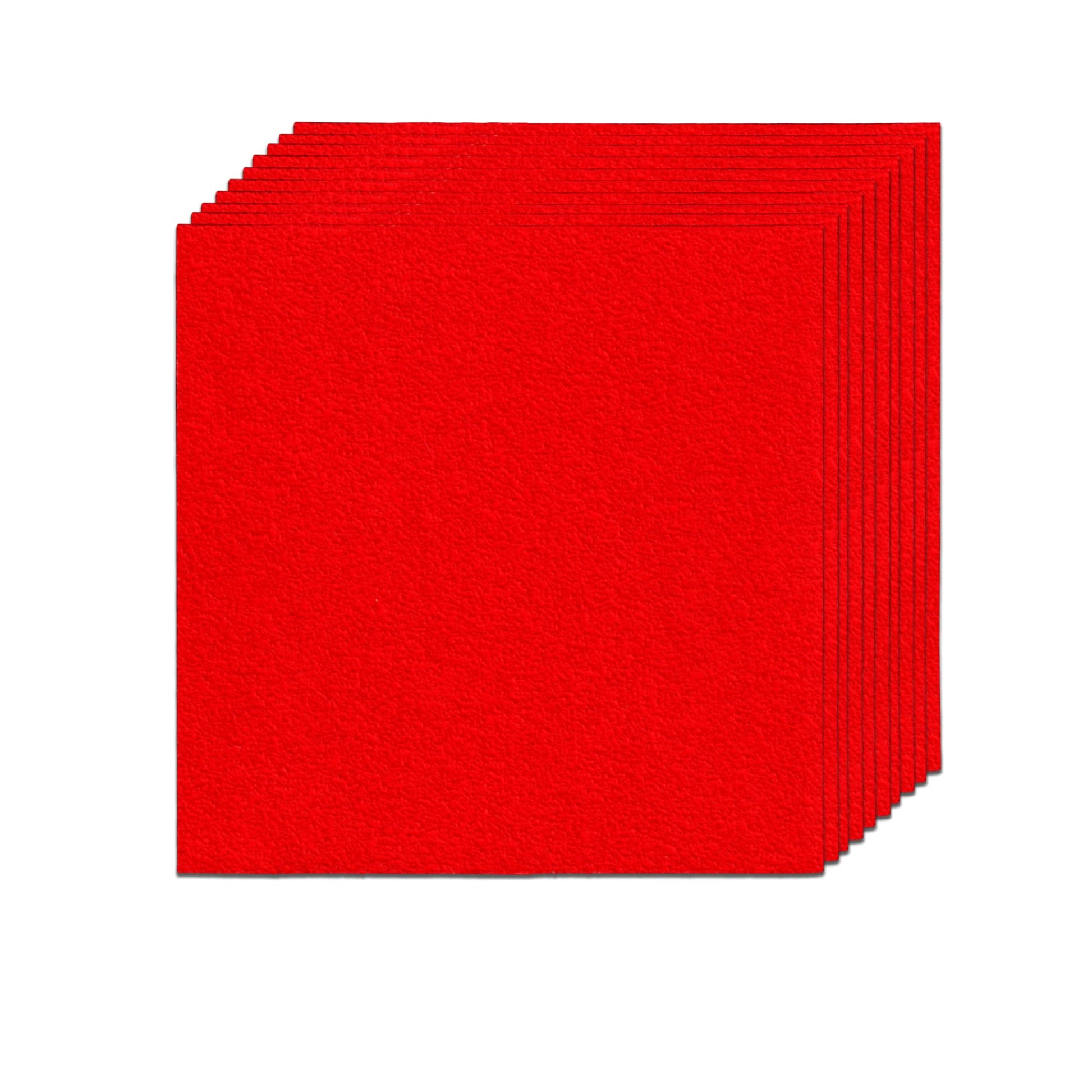 Stack of 10 red 1/4 inch sanding sheets fanned to show quantity.