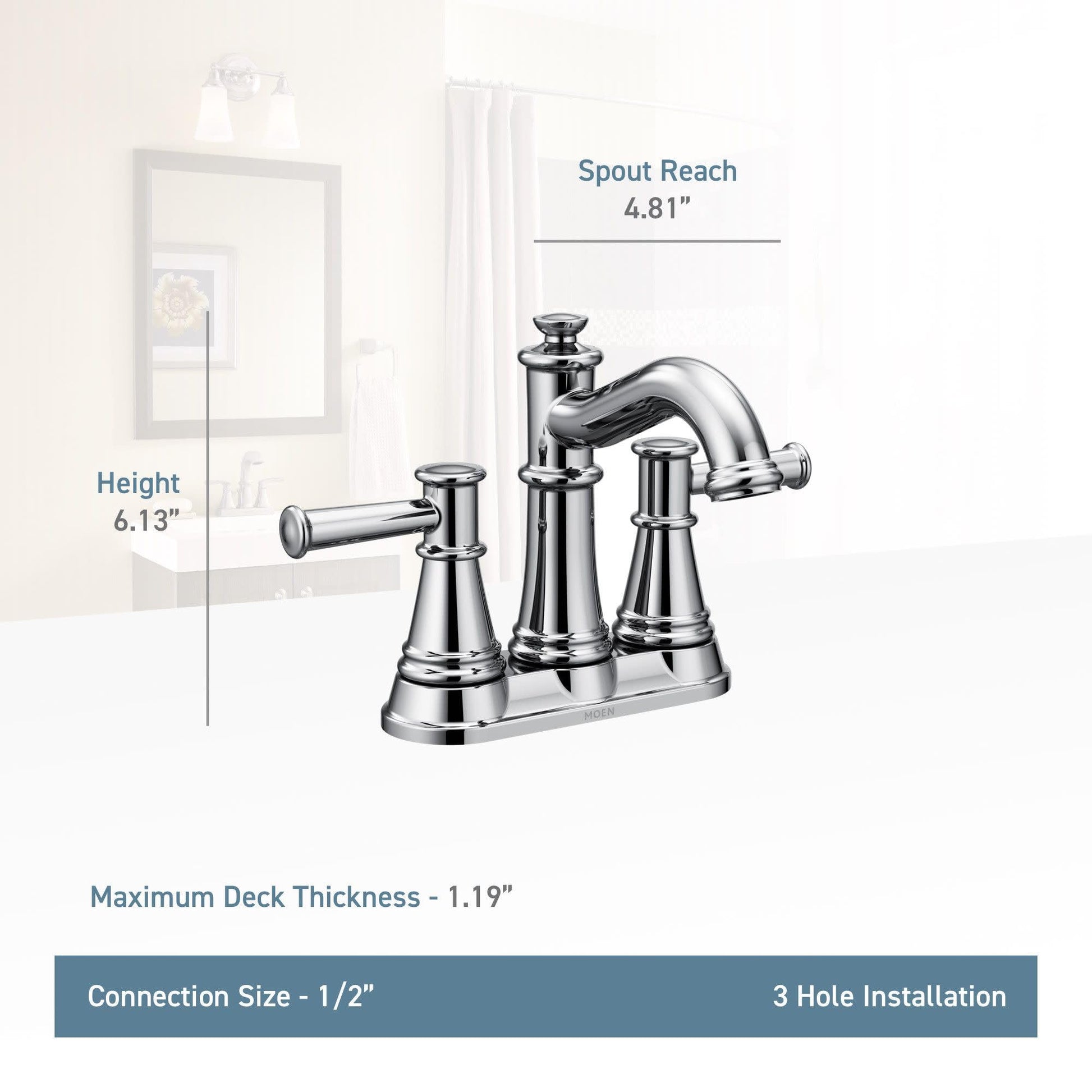 Brushed nickel two-handle centerset bathroom faucet with curved spout and tapered handles on deck plate.
