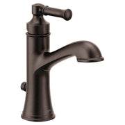 Oil rubbed bronze single-handle bathroom sink faucet with curved spout and lever handle.