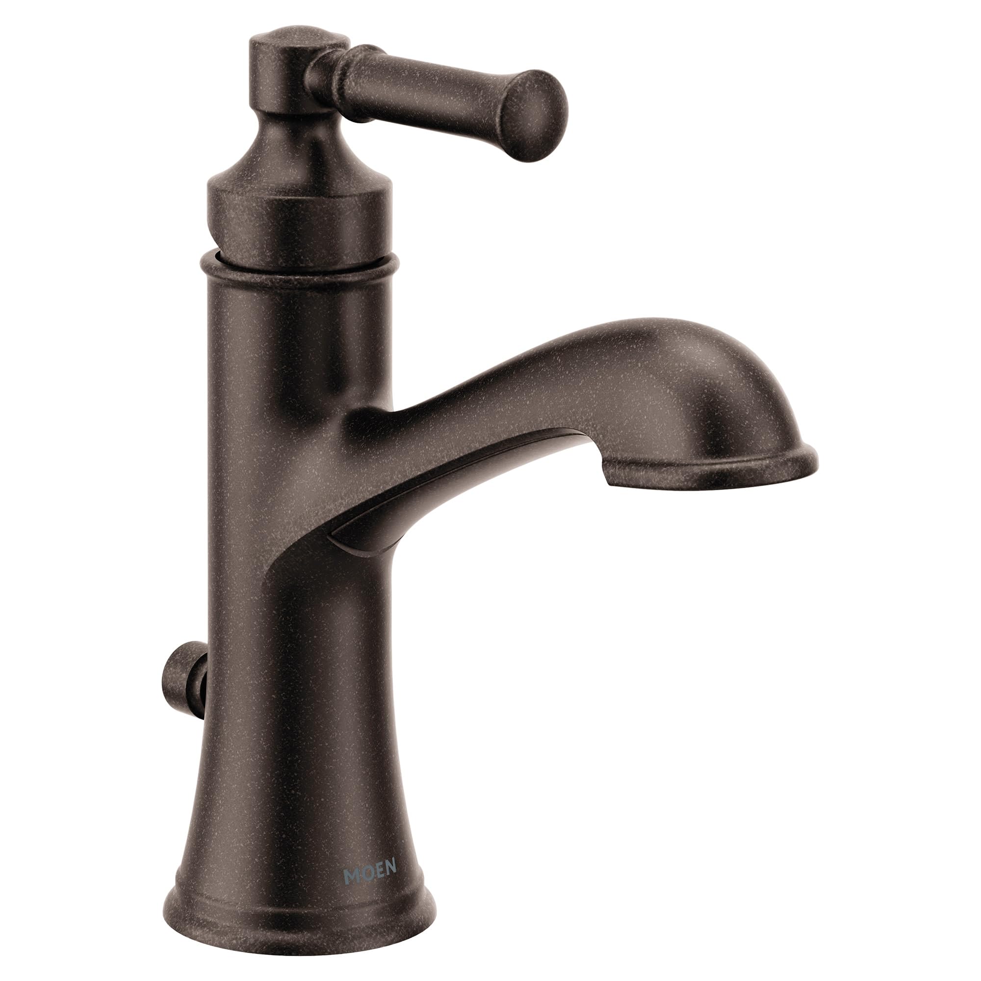 Oil rubbed bronze single-handle bathroom sink faucet with curved spout and lever handle.