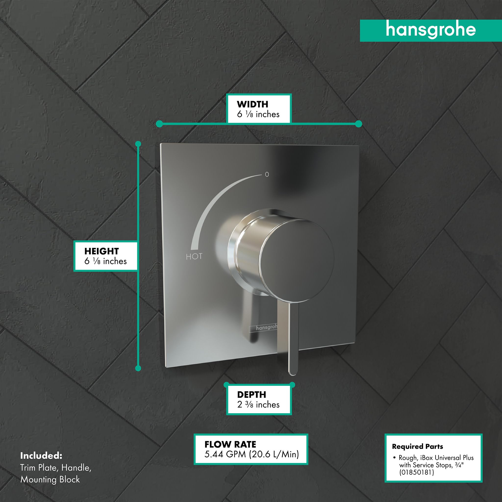 Chrome square pressure balance shower trim with circular handle and rectangular trim plate mounted on dark tile wall.