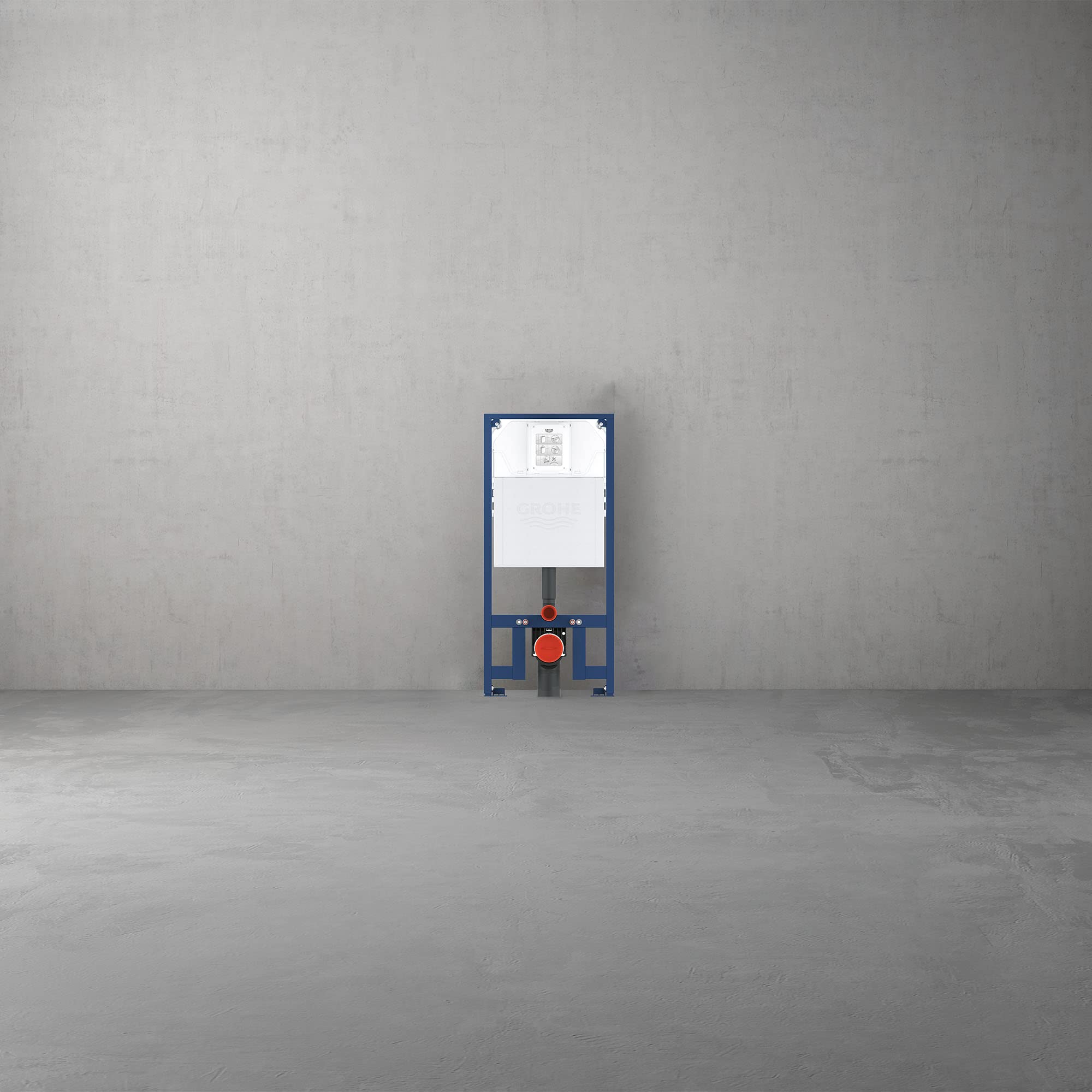 Grohe Rapid SL slim in-wall toilet carrier frame with blue metal structure and red valve component.